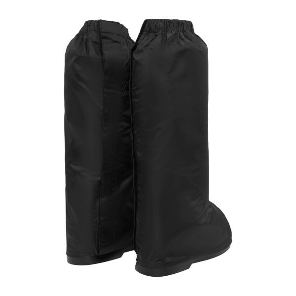 Pair of black rain boot covers on a white background