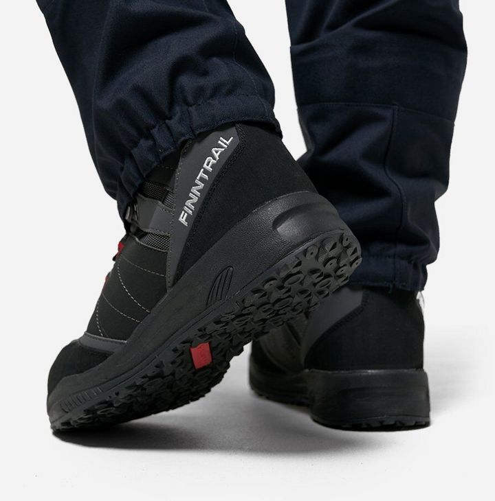 Black hiking boots with 'FINNTRAIL' branding on a white background