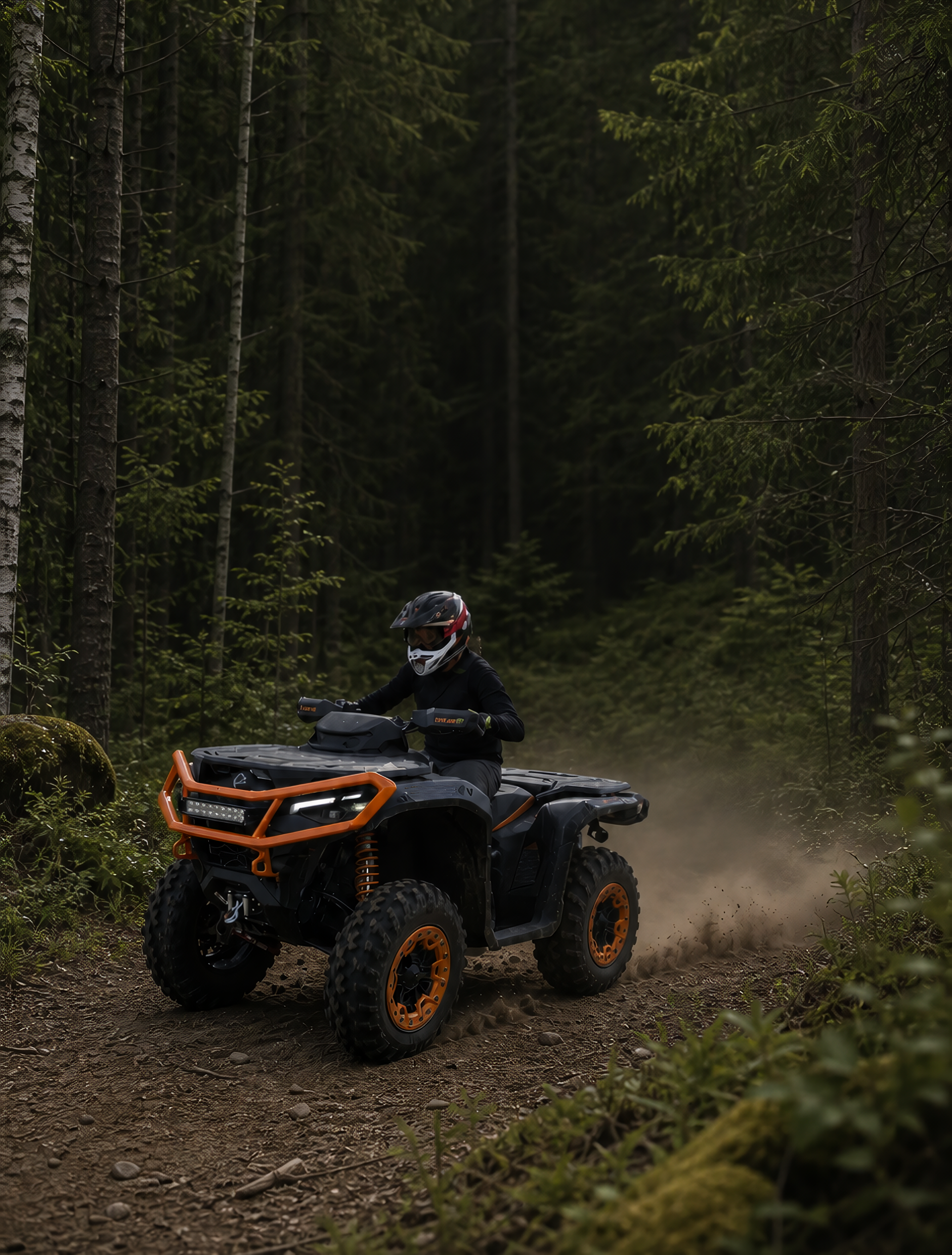 CAN AM outlander keturratis važiuoja miško keliu